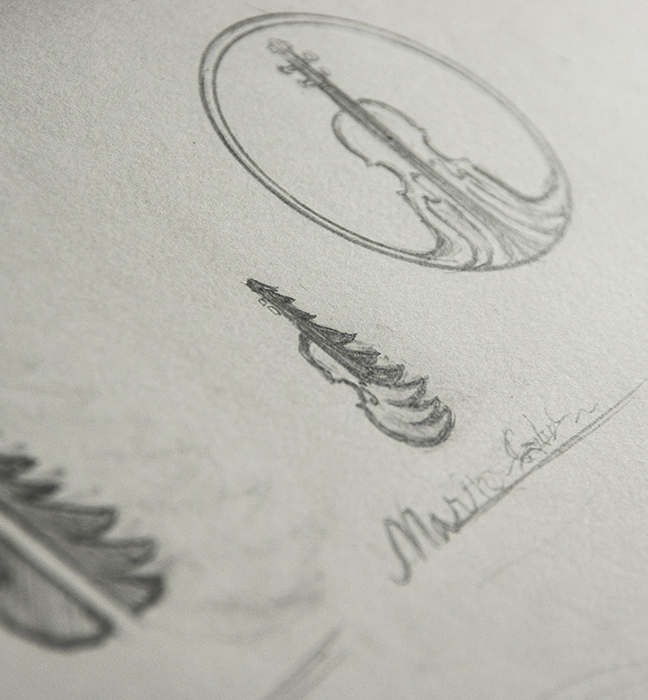 Logo sketch inspired by mixing spruce tree with instrument